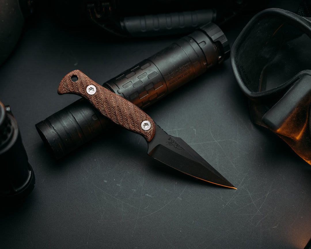 Gulo Gulo- Brown Canvas Micarta, Armor Black Cerakote, Ti Torx Bolts, Iron Grip