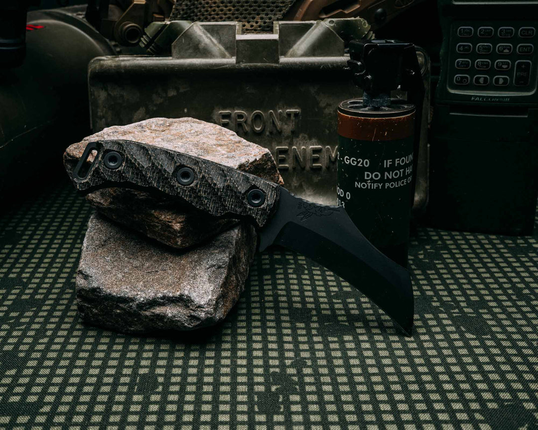 Vulture - Black Burlap Micarta, Armor Black Cerakote, Allen bolts, Iron Grip, Open Tang