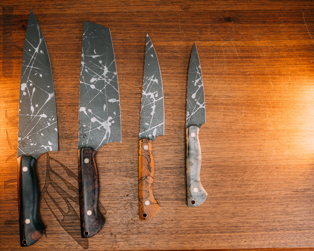 Chef Set- Desert Ironwood, Dyed Redwood, Spalted Tamarind, Buckeye Burl, Copper and Black G10 Liner, Mosaic Pins, Copper Lanyard Pin, Smooth Grip