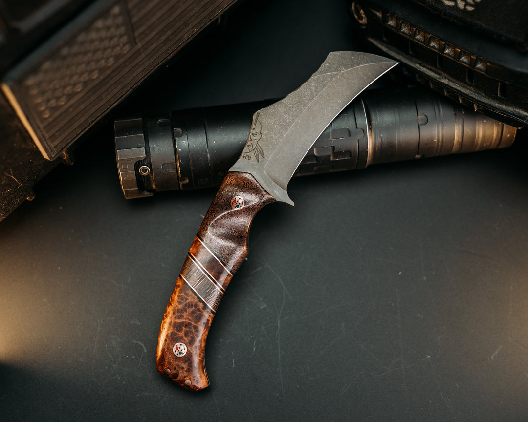 Vulture- Copper Coral Carbon, Black G10 and Copper Pin Striping, Redwood and Copper Coral Carbon Split, Redwood Burl, Copper Patriot Mosaic Pins, 1/8" Copper Pins, Contoured Grip