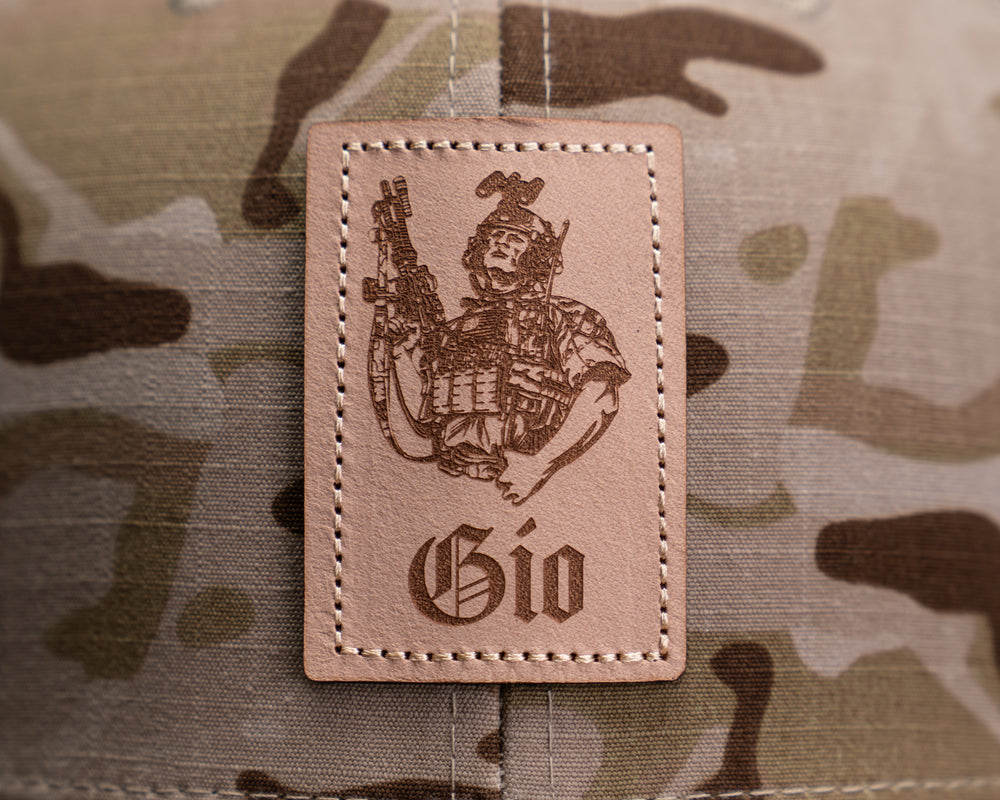 Gio Leather Patch - Multicam Camo Trucker Hat w/ Tan Mesh
