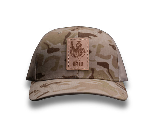 Gio Leather Patch - Multicam Camo Trucker Hat w/ Tan Mesh