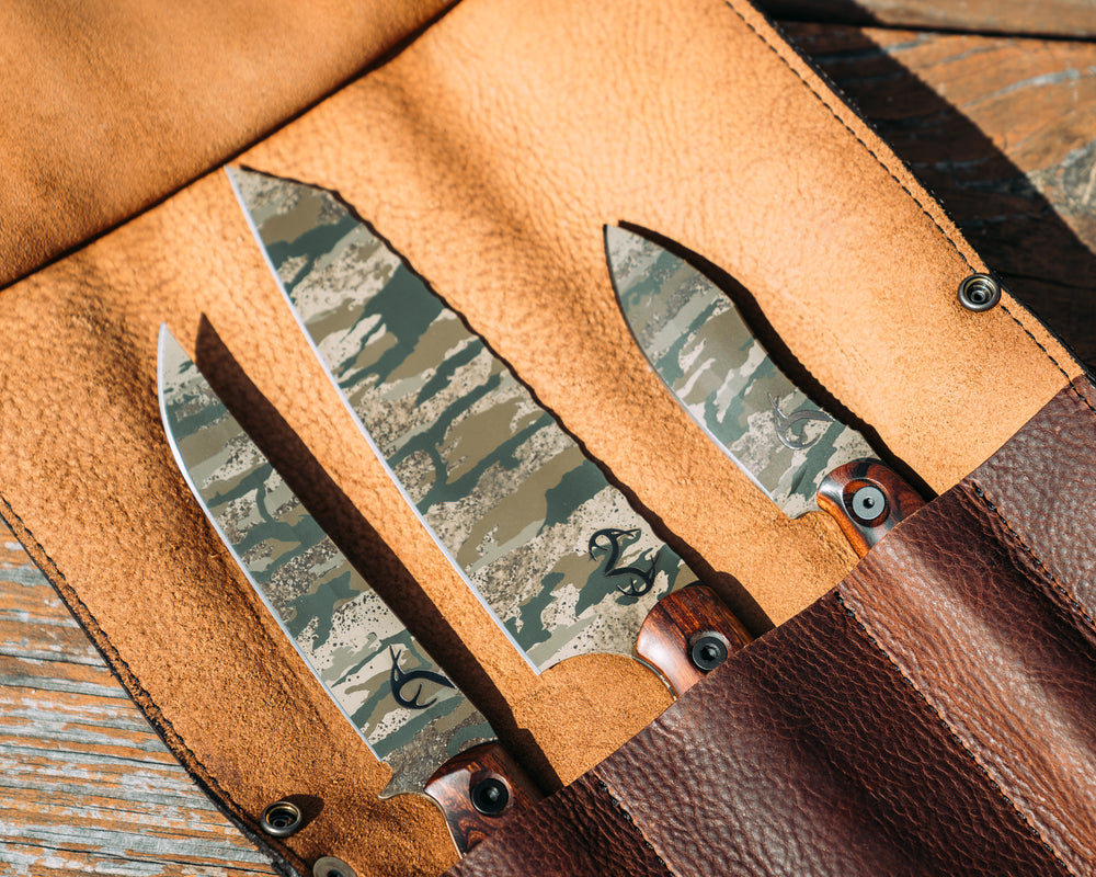 HFB X Realtree Legacy Back Country Blade Set and Leather Roll- Desert Ironwood, Realtree Original Camo Cerakote, Allen Bolts, Textured Grip