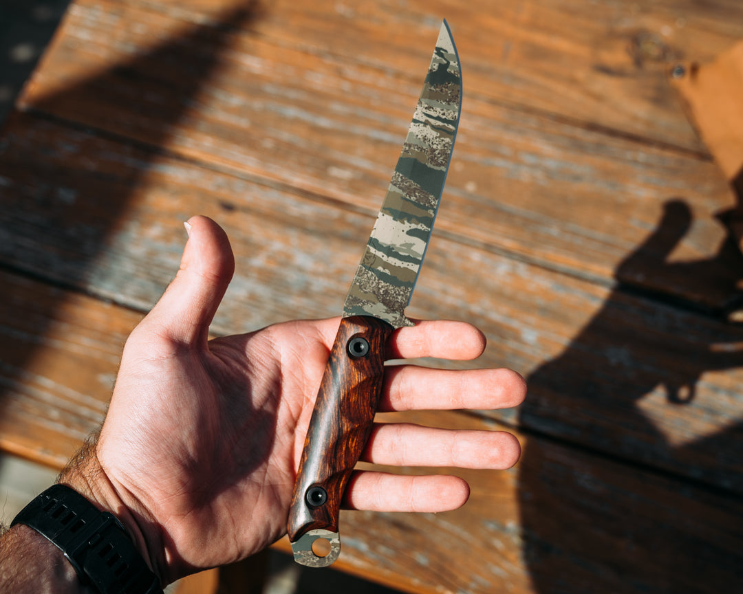 HFB X Realtree Legacy Back Country Blade Set and Leather Roll- Desert Ironwood, Realtree Original Camo Cerakote, Allen Bolts, Textured Grip