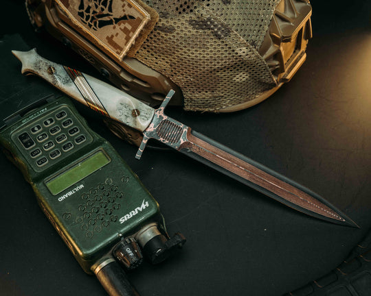 V-42 Dagger- Baker Forge Random Pattern CopperMai- CO Elk, Black G10, OD Green G10, Brass and Cherry G10 Split, Mosaic Pins, Contoured Grip