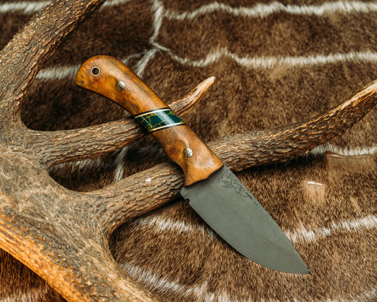 Cavner- Desert Ironwood, Black G10 and Brass Pin Striping, Arizona Jade Tru-stone Split, Mosaic Pins, Brass Lanyard Pin, Contoured Grip