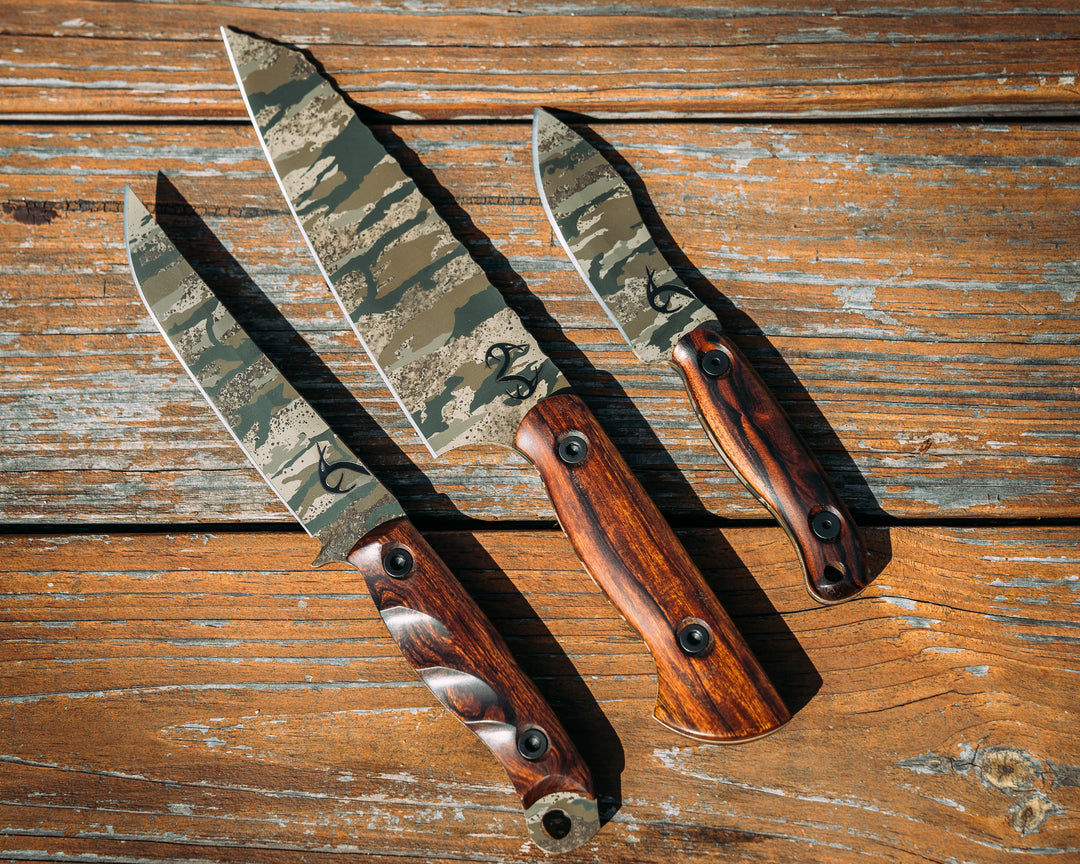 HFB X Realtree Legacy Back Country Blade Set and Leather Roll- Desert Ironwood, Realtree Original Camo Cerakote, Allen Bolts, Textured Grip