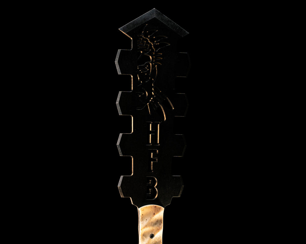 Macuahuitl- Giraffe Bone, Black G10 and Aluminum Split, Aletai Meteorite, Silver Mosaic Pins, CF Lanyard Pin, Textured Grip