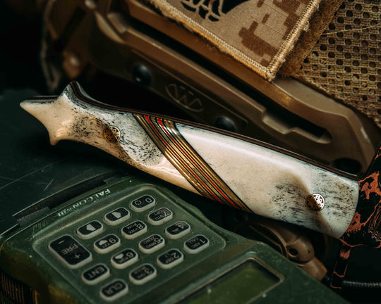 V-42 Dagger- Baker Forge Random Pattern CopperMai- CO Elk, Black G10, OD Green G10, Brass and Cherry G10 Split, Mosaic Pins, Contoured Grip