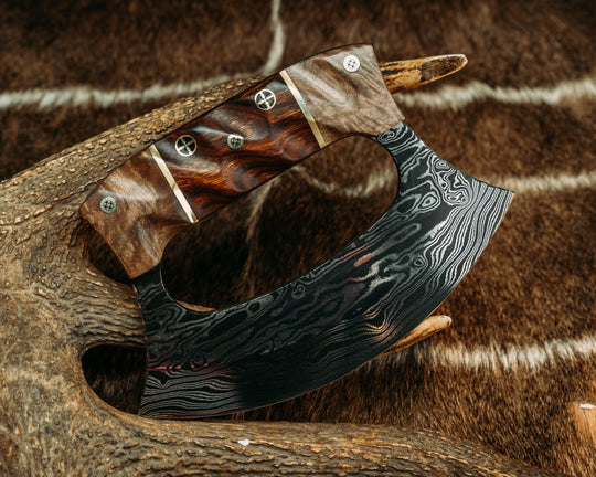 Ulu- Random Pattern Damascus- Maple, Brass and Desert Ironwood Split, Mosaic Pins, Textured Grip