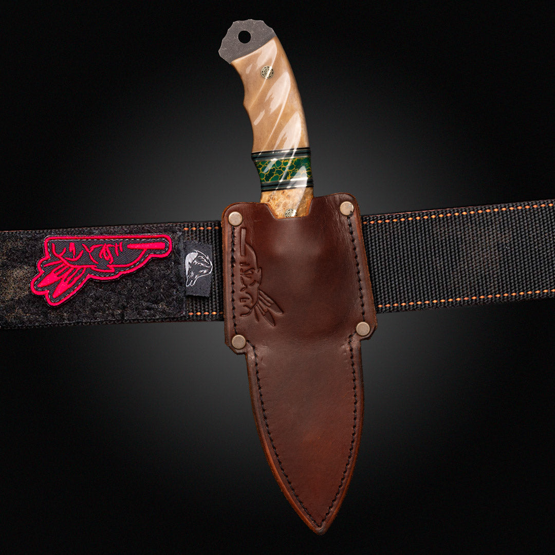 (Leather sheath) breacher, Crow scout, widowmaker, cavner, skinner size leather sheath, wider blades, 9"-10" oa, 4-5" blade
