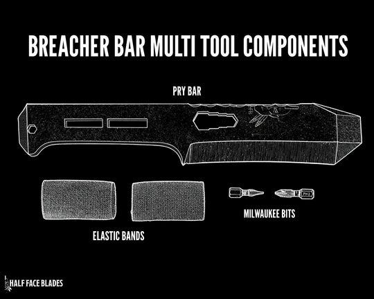 Breacher Bar Multi-tool Prybar -  Black Elastic Bands, Phillips + Flathead Bits Included, Acid Etch and Rock Wash Finish