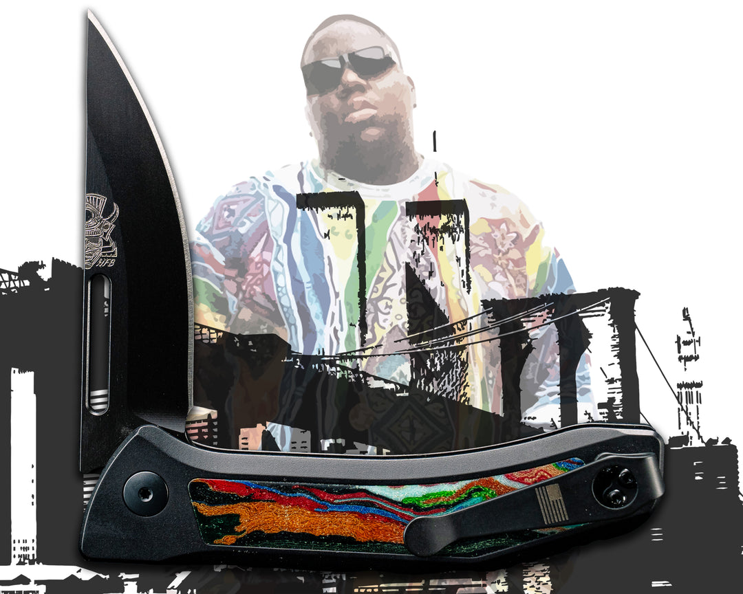 Custom Kwaiken Folder- Biggie Coogi Sweater Micarta, Anodized Black Handle, Black Nitride Blade, Smooth Grip, Deep Carry Pocket Clip