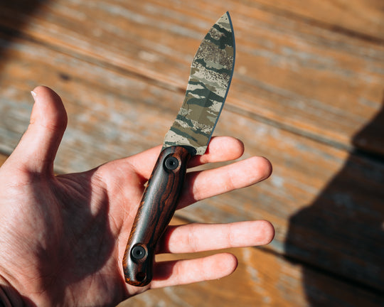 HFB X Realtree Legacy Back Country Blade Set and Leather Roll- Desert Ironwood, Realtree Original Camo Cerakote, Allen Bolts, Textured Grip
