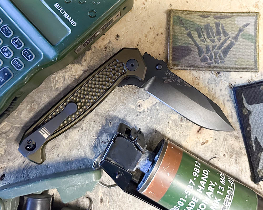 Disaster Folder, Anodized OD green handle, nitride black blade, dimpled Grip, deep carry pocket clip