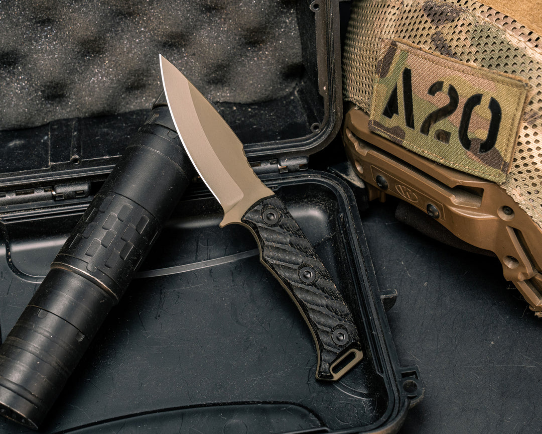 Ishi- Black Burlap Micarta, FDE Cerakote Allen Bolts, Textured Grip