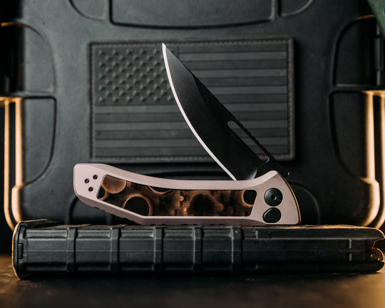 Kwaiken Folder Custom - Raffir Noble Curly Bronze, Anodized Gray Handle, Black Nitride Blade, Textured Grip, Deep Carry Pocket Clip
