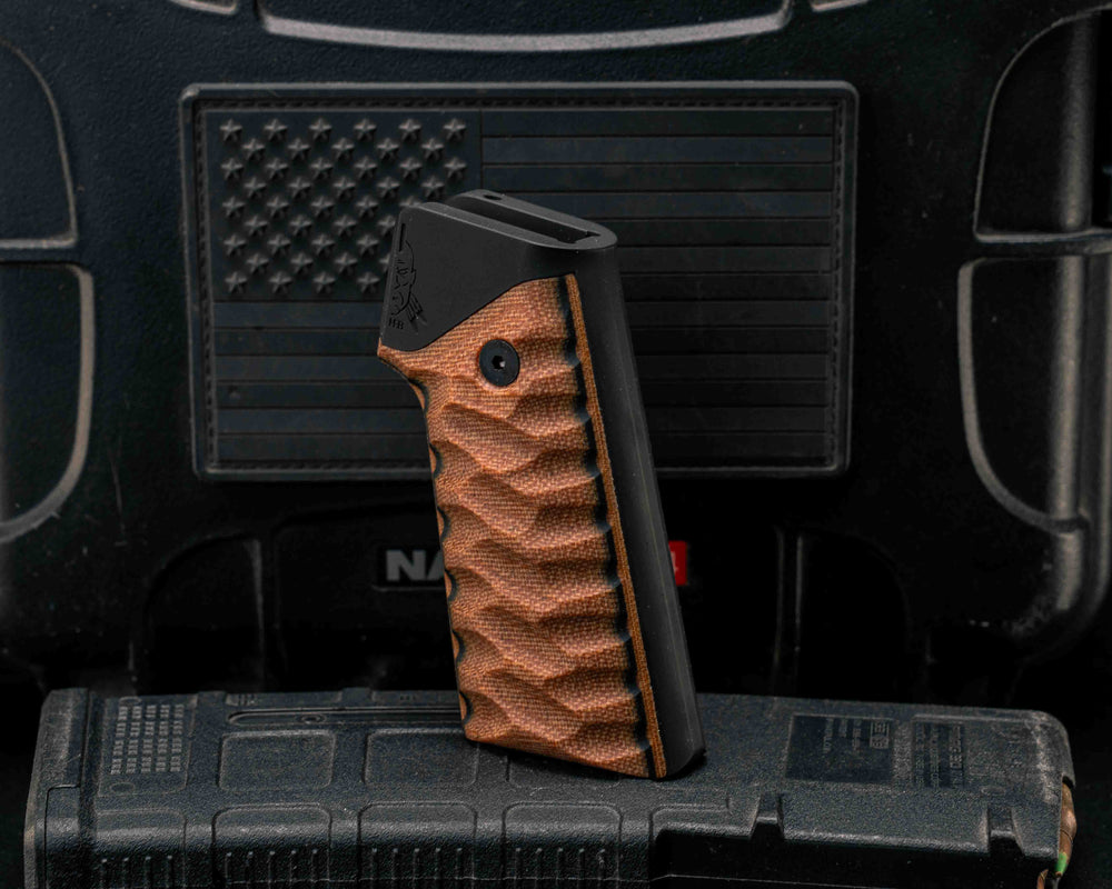HFB x Kinetic AR Grip System - Layered  Natural Canvas Micarta and Black Canvas Micarta, Armor Black Cerakote Frame, Snake Textured Grip