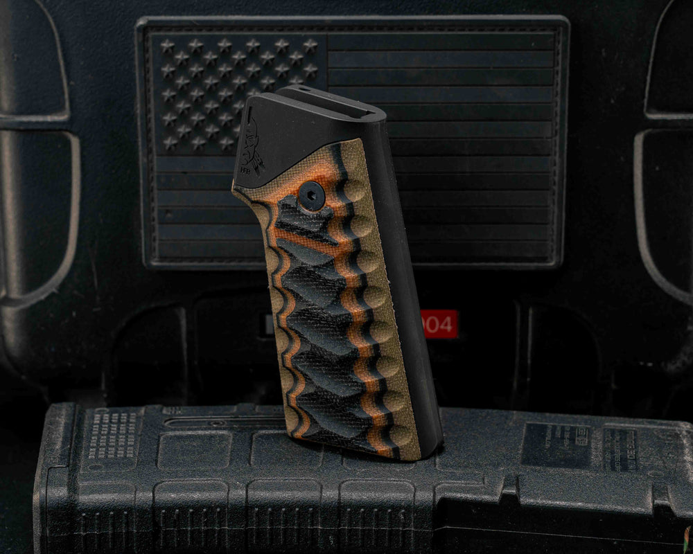 HFB x Kinetic AR Grip System - Layered Black Canvas Micarta, Natural Canvas Micarta and OD Green Canvas Micarta, Cerakote Armor Black Frames, Snake Textured Grip