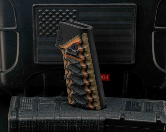 HFB x Kinetic AR Grip System - Layered Black Canvas Micarta, Natural Canvas Micarta and OD Green Canvas Micarta, Cerakote Armor Black Frames, Snake Textured Grip