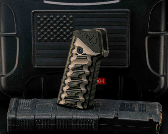 HFB x Kinetic AR Grip System- Layered Black and OD Green G10 Over Desert Tan G10, Black G10 and OD Green G10, Magul OD Green with Black Splatter Cerakote Frames, Snake Textured Grip