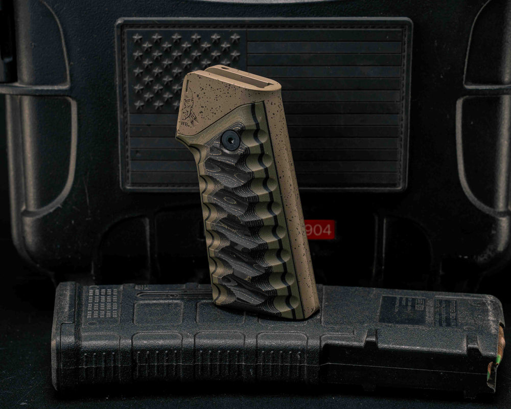 HFB x Kinetic AR Grip- Gold Camo Carbon Over OD Green and Black G10, Magpie FDE with Black Splatter Cerakote Frame, Snake Textured Grip