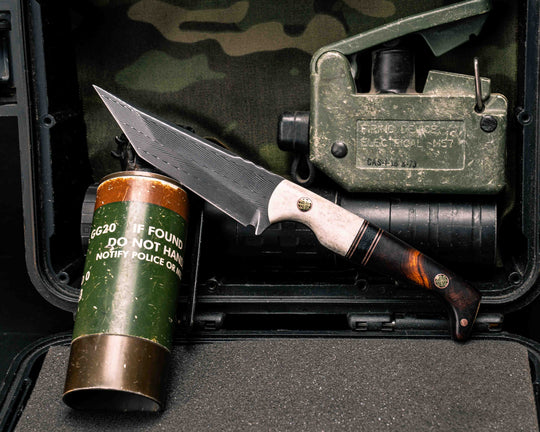 SHAW SHIV x HFB - Vegas Forge Herringbone Damascus- Elk Antler, Black G10, Copper and Black Canvas Micarta Split, Desert Ironwood, Mosaic Pins, 1/8" Copper Pin, Smooth Grip