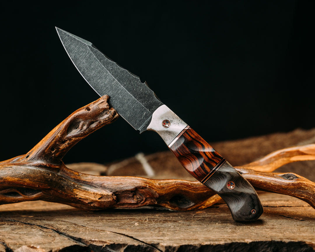 Notched Field Knife- Elk Antler, Copper and Black G10 Pin Striping, Desert Ironwood Split, Navy Seal AOR1 Cammie Micarta, Copper Patriot Mosaic Pins, Textured Grip