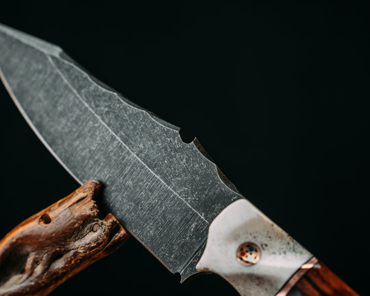 Notched Field Knife- Elk Antler, Copper and Black G10 Pin Striping, Desert Ironwood Split, Navy Seal AOR1 Cammie Micarta, Copper Patriot Mosaic Pins, Textured Grip