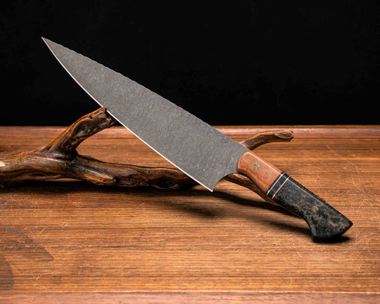 10" Chef Blade- Natural Canvas Micarta, Black G10, Coyote G10 and Copper Pin Striping, Dyed Redwood Split, Dyed Redwood, Mosaic Pins, Smooth Grip