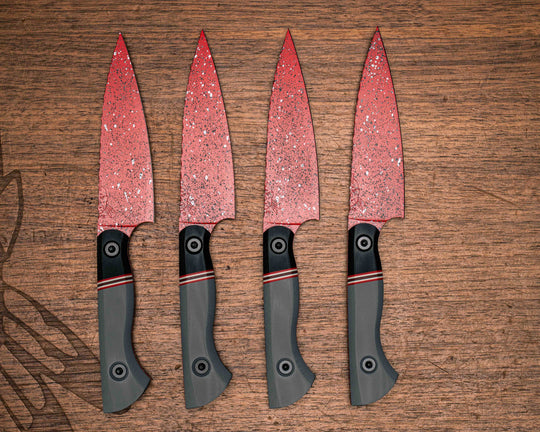 Steak Knife Set (4 piece) - Black G10, Cherry, White and Black G10 Split, Grey G10, Red with Black and White Fleck Cerakote, Allen Bolts, Smooth Grip