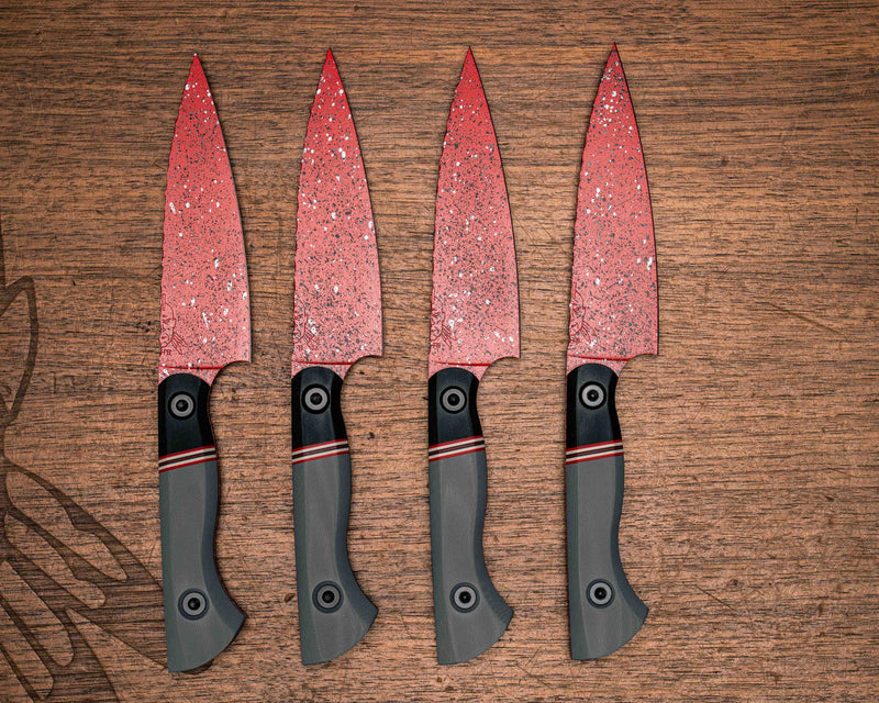 Steak Knife Set (4 piece) - Black G10, Cherry, White and Black G10 Split, Grey G10, Red with Black and White Fleck Cerakote, Allen Bolts, Smooth Grip