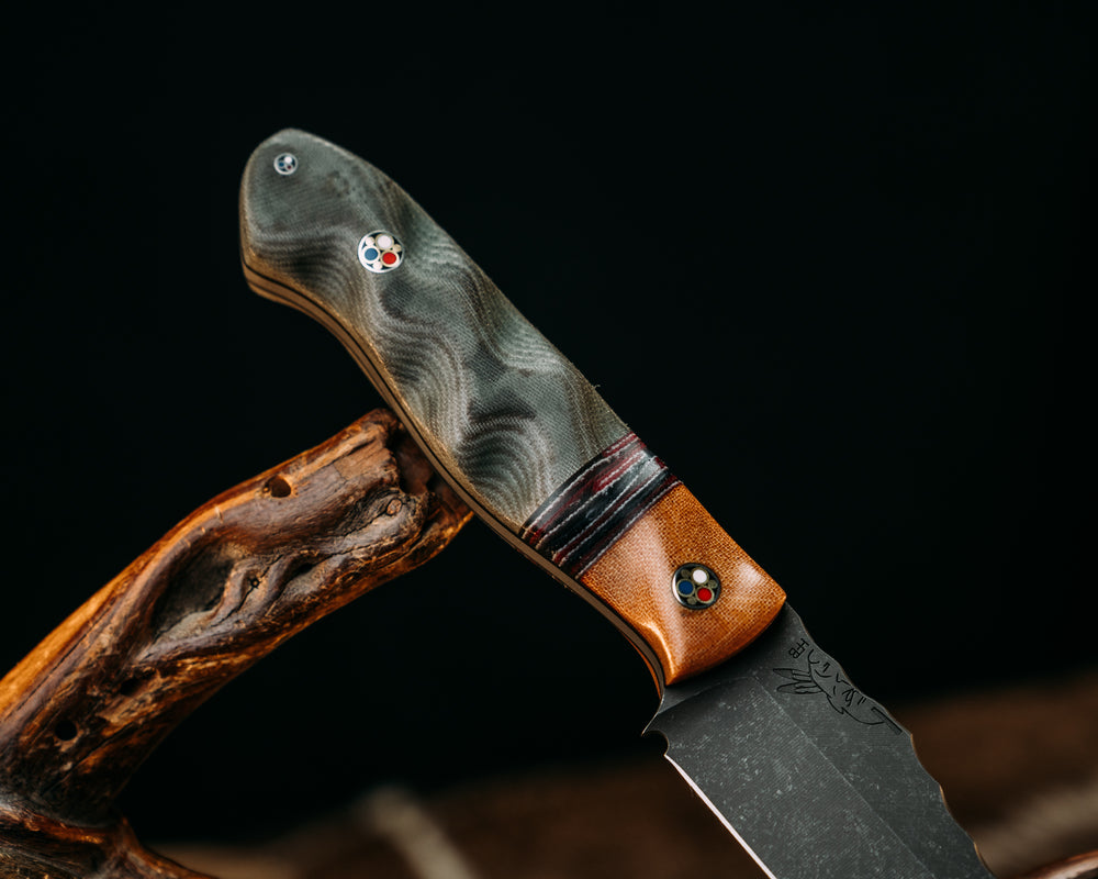 Field Knife Jr- Vintage Butterscotch Micarta, American Flag Micarta Split, Navy S.E.A.L AOR1 and AOR2 Cammie Micarta, Patriot Mosaic Pins, Textured Grip