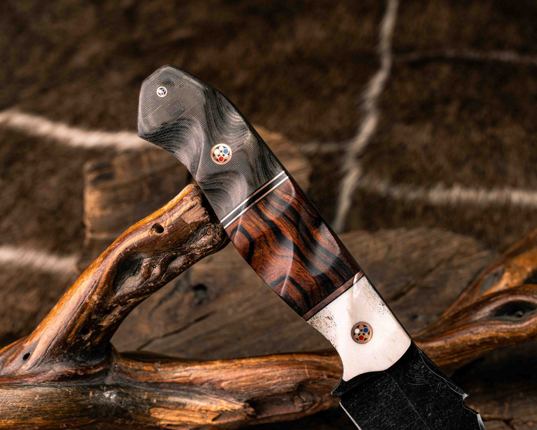 Notched Field Knife- Elk Antler, Copper and Black G10 Pin Striping, Desert Ironwood Split, Navy Seal AOR1 Cammie Micarta, Copper Patriot Mosaic Pins, Textured Grip