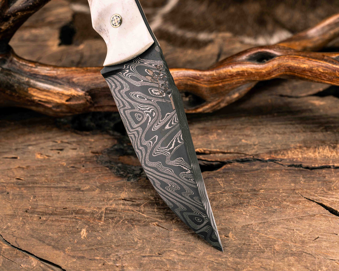 Red Crow- Vegas Forge Wood Grain Pattern Damascus- CO Elk Antler, Black G10 and Brass Pin Striping, Spalted Maple Split, Spalted Maple, Mosaic Pins, Brass Lanyard Pin, Textured Grip