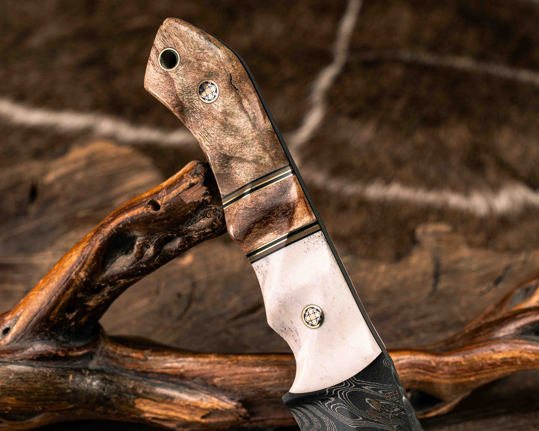 Red Crow- Vegas Forge Wood Grain Pattern Damascus- CO Elk Antler, Black G10 and Brass Pin Striping, Spalted Maple Split, Spalted Maple, Mosaic Pins, Brass Lanyard Pin, Textured Grip
