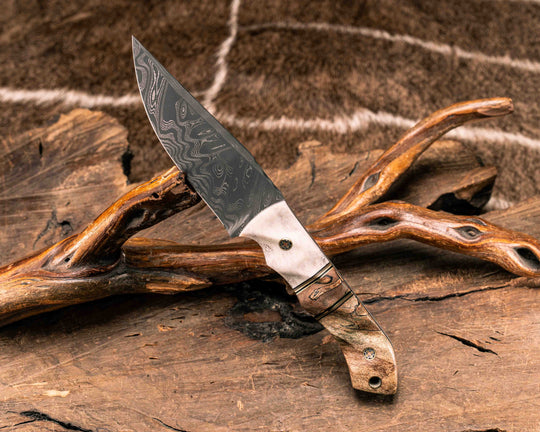 Red Crow- Vegas Forge Wood Grain Pattern Damascus- CO Elk Antler, Black G10 and Brass Pin Striping, Spalted Maple Split, Spalted Maple, Mosaic Pins, Brass Lanyard Pin, Textured Grip
