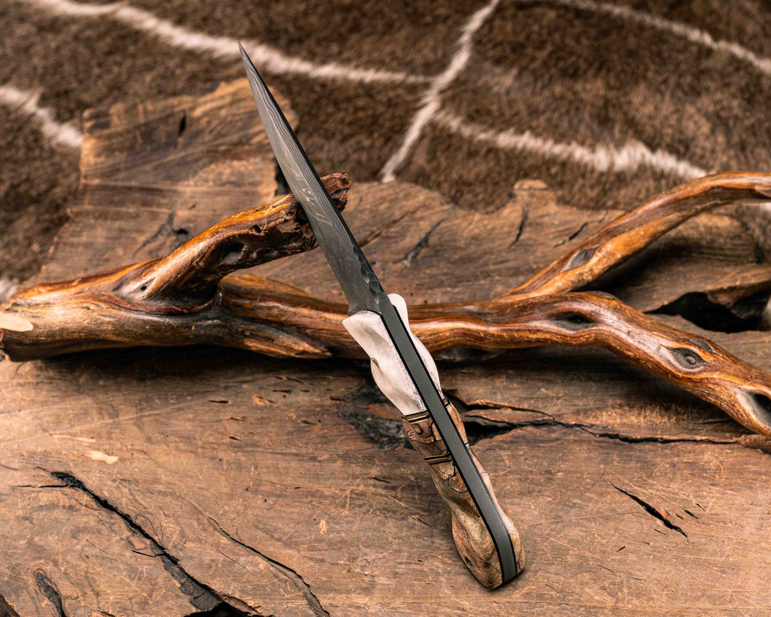 Red Crow- Vegas Forge Wood Grain Pattern Damascus- CO Elk Antler, Black G10 and Brass Pin Striping, Spalted Maple Split, Spalted Maple, Mosaic Pins, Brass Lanyard Pin, Textured Grip