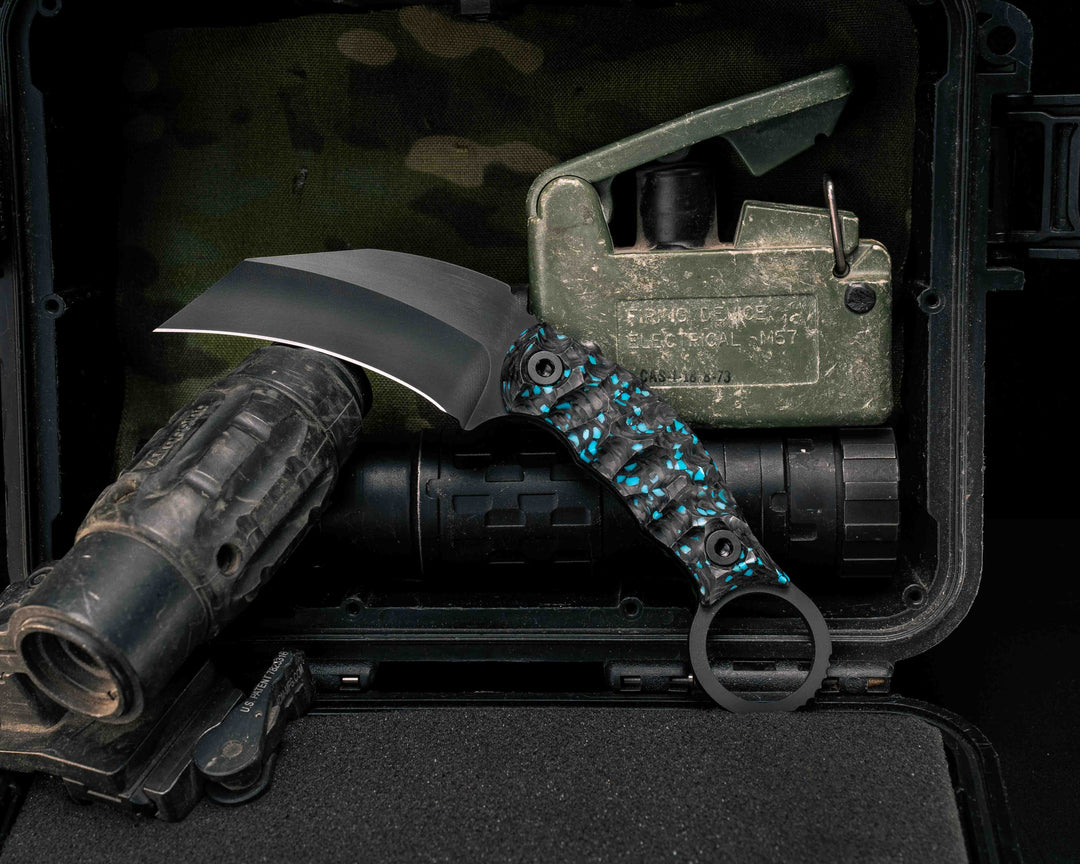 Karambito- Turquoise Rocky Wave Carbon, Armor Black Cerakote, Allen Bolts, Textured Grip
