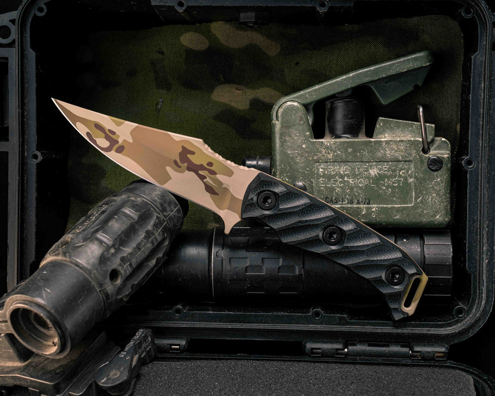 Tosahwi- Black G10, Arid Multicam, Allen Bolts, Textured Grip