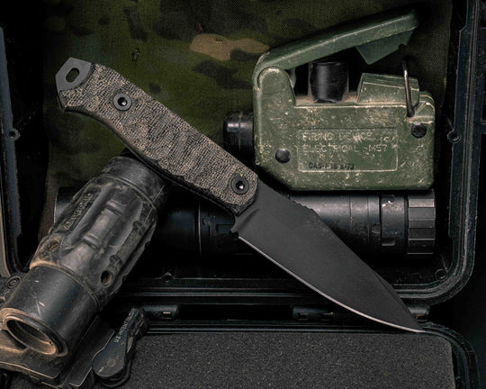 Field Knife- Black Canvas Micarta, Armor Black Cerakote, Allen Bolts, Textured Grip