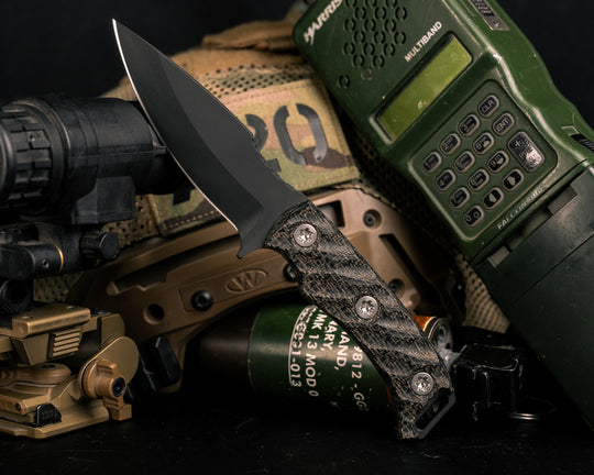 Ishi - Black Burlap Micarta, Armor Black Cerakote, Ti Torx Bolts, Iron Grip