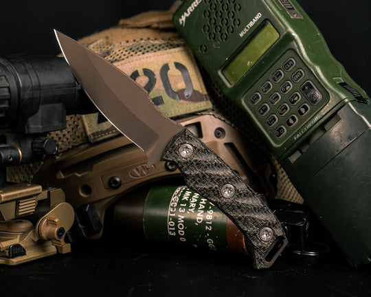 Ishi - Black Burlap Micarta, Midnight Bronze Cerakote, Ti Torx Bolts, Iron Grip