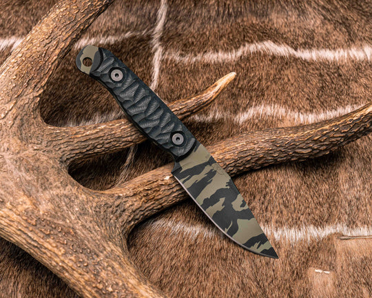 Crow Scalper- Black G10, Tiger Stripe Cerakote, Allen Bolts, Textured Grip