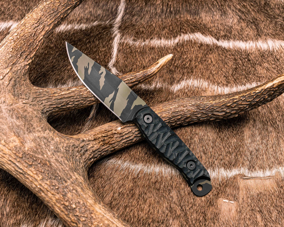 Crow Scalper- Black G10, Tiger Stripe Cerakote, Allen Bolts, Textured Grip