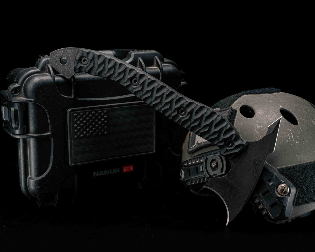 Crescent Hawk- Shredded Carbon, Allen Bolts, Textured Grip, Open Tang