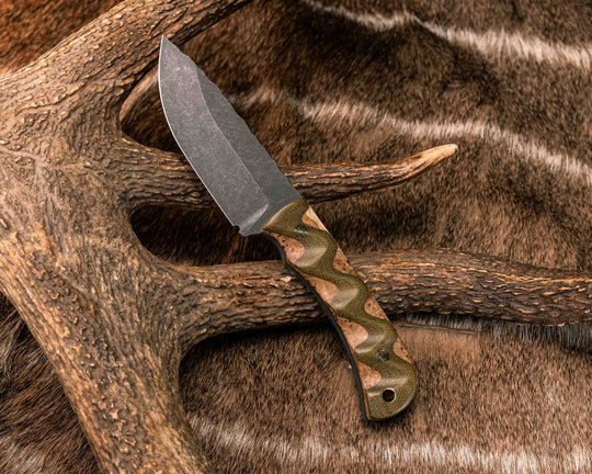 Cav Jr - OD Green Canvas Micarta Over Black Ash Burl, Brass Mosaic Pins, Brass Lanyard Pin, Textured Grip