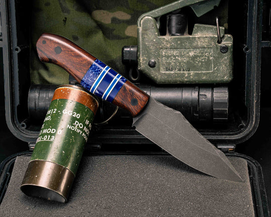 Field Knife- Desert Ironwood, Sodalite Tru-stone, Black, White and Blue G10 Split, CF Pins, Smooth Grip