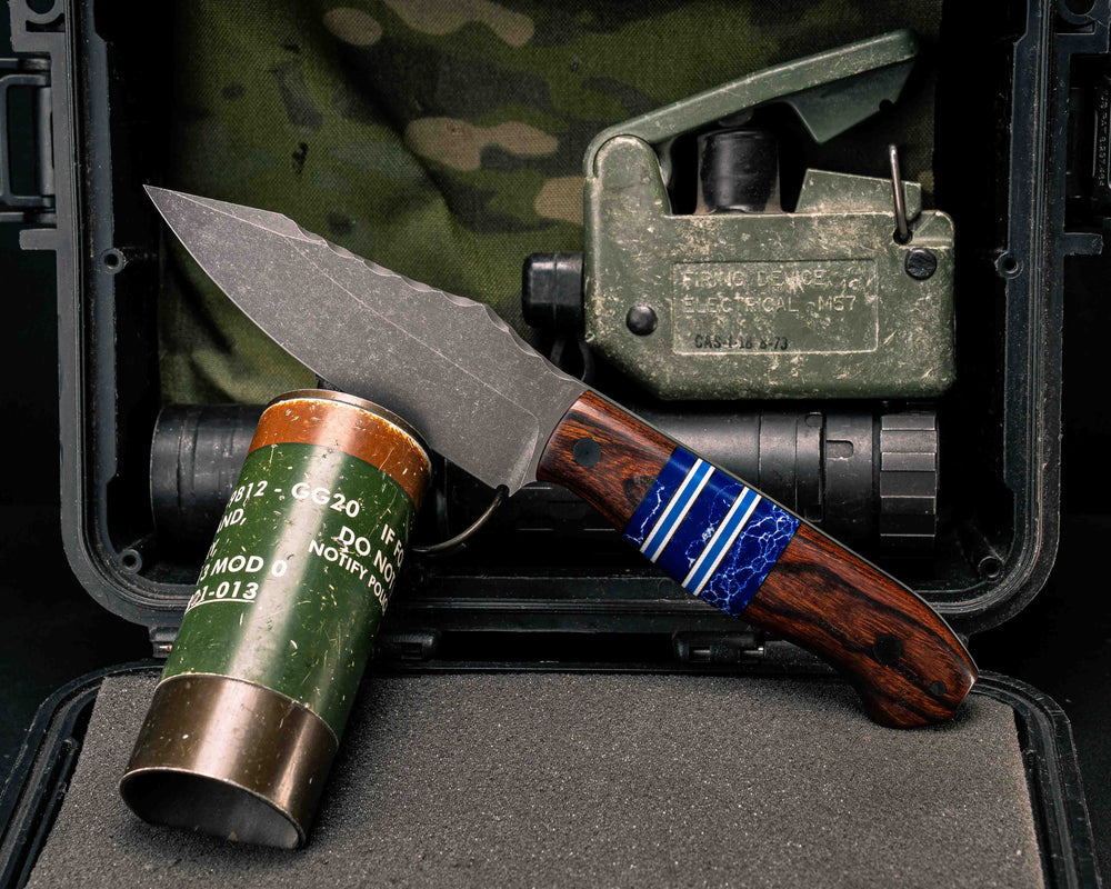 Field Knife- Desert Ironwood, Sodalite Tru-stone, Black, White and Blue G10 Split, CF Pins, Smooth Grip