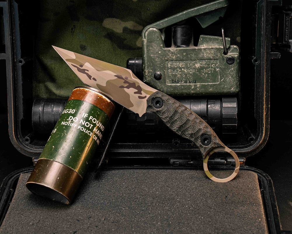 Ringed Tac Tanto- OD Green Canvas Micarta, Arid Multicam Cerakote, Allen Bolts, Textured Grip